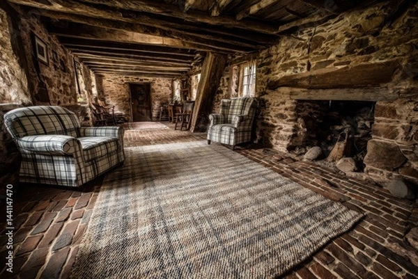 Fototapeta An old, rustic living room in a farmhouse featuring stone walls, wooden beams, and a cozy fireplace, creating a warm and inviting atmosphere for relaxation and gatherings