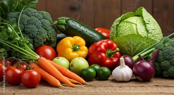 Obraz An assortment of fresh vegetables including tomatoes carrots and bell peppers on a wooden surface