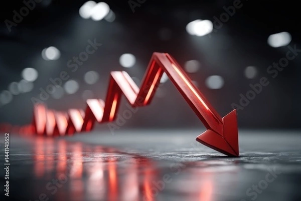 Fototapeta A striking red arrow pointing downwards against a blurred background, symbolizing financial decline and economic recession with its sharp directional form. The arrow indicates crisis.