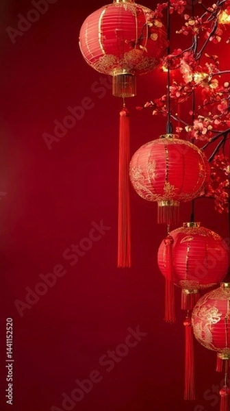 Fototapeta Create a vibrant copy space background for Chinese New Year, featuring traditional elements like red lanterns, gold accents, and subtle dragon motifs, set against a rich red backdrop
