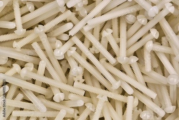 Fototapeta White plastic nylon screws scattered hardware work tools accessories computer components.