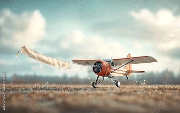 Fototapeta Vintage airplane on a field with a banner