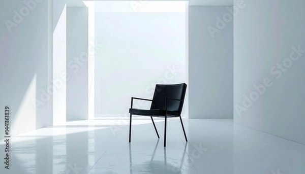 Fototapeta 白く無機質な空間に、黒の細身アイアンチェアが孤独を象徴するように置かれた、鋭いストイックなインテリアシーン

