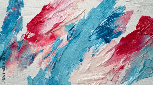 Fototapeta Abstract acrylic painting with vibrant red, white, and blue brush strokes on canvas Generative AI