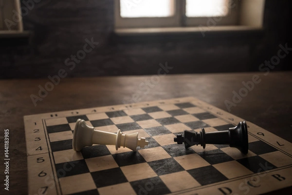 Obraz Chess board game concept of business ideas and competition and strategy ideas concep. Chess figures on a dark background with smoke and fog. Selective focus