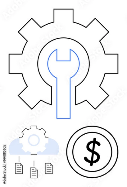 Obraz Gear with wrench inside, cloud with document links, and dollar sign depicting maintenance, cloud computing, system optimization, business investment, cost analysis, IT management, flat simple