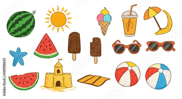 Fototapeta A collection of summer themed icons including watermelon, ice cream, and beach accessories scattered around