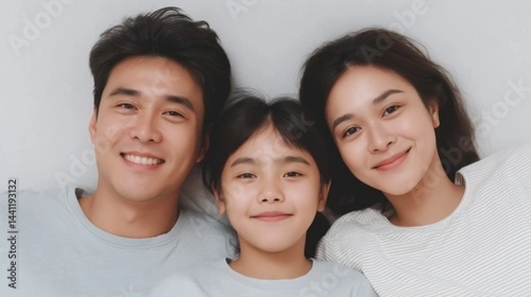 Fototapeta Loving family smiles together while lying on a soft surface at home in a cozy indoor setting during the daytime.
