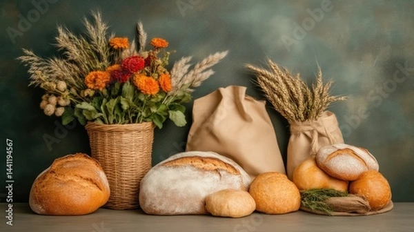 Fototapeta Rustic loaves and flowers