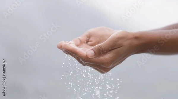 Fototapeta Hands gently releasing water droplets in a serene setting near a natural body of water during daylight hours.
