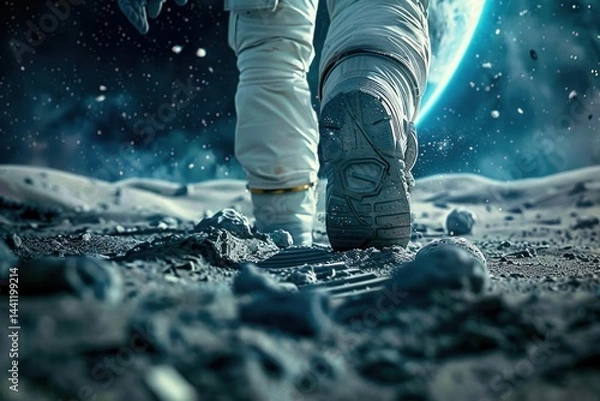 Fototapeta close-up view of an astronaut's boots making footprints on a rocky moon-like surface with a distant planet and stars in the background, evoking exploration and discovery