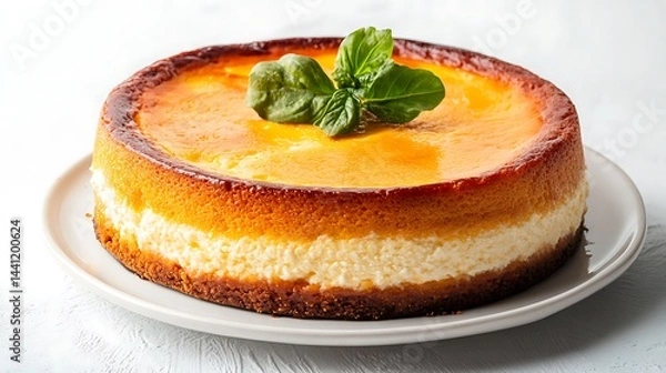 Fototapeta Delicious Cheesecake with Golden Crust and Basil Topping on White Plate Set Against Textured Surface