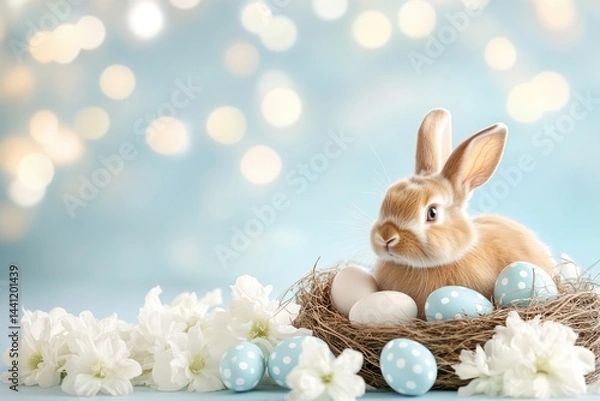 Fototapeta Easter Bunny Nestled In A Nest With Eggs And Flowers
