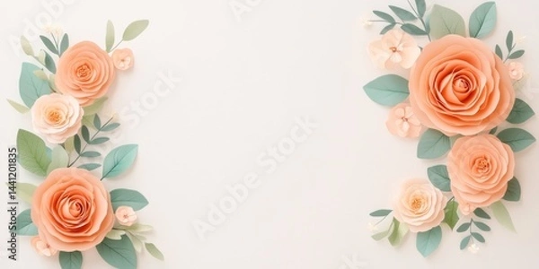 Fototapeta Peach Paper Flowers and Greenery Border Design