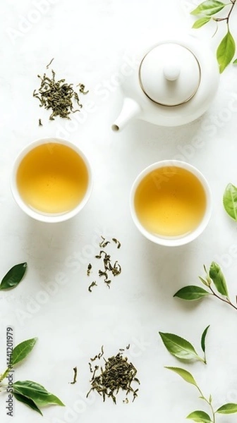 Fototapeta Elegant White Teapot with Green Tea and Leaves on a Textured White Background