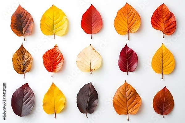 Fototapeta Fifteen Colorful Autumn Leaves Assortment on a Seamless White Background, Studio Shot