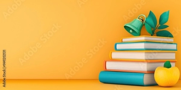Fototapeta Colorful Books Stacked With Bell And Apple