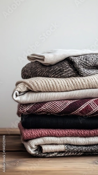 Fototapeta Folded Clothes Stack on Wooden Table with Knitted Pattern and Soft Texture