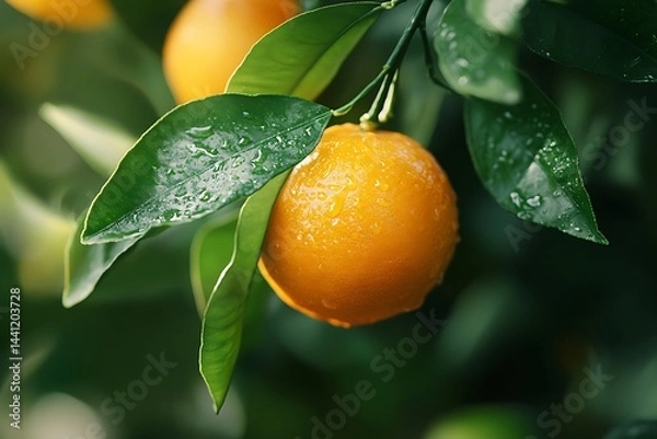 Fototapeta Fresh Orange Hanging on Tree Branch with Green Leaves and Dewdrops Closeup View