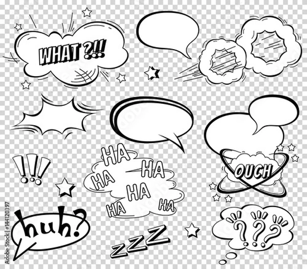 Fototapeta Comic speech bubbles set, wording sound effect design for background, strip. Book Bang cloud, pow and cool exclamation, bomb