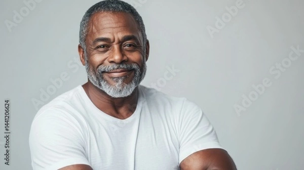 Fototapeta A middle-aged black man, his face etched with wisdom, exuded an air of confidence as he crossed his arms, his graying hair framing a kind smile against the pristine white backdrop of his t-shirt