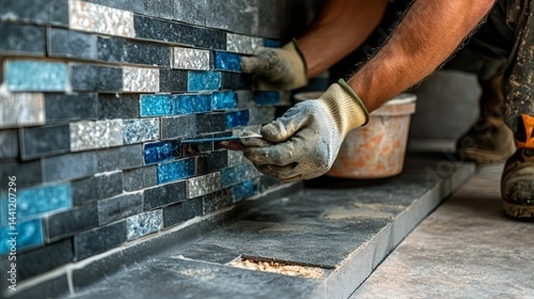Fototapeta Close-up of hands installing decorative mosaic tile.