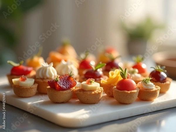 Fototapeta Sophisticated Mini Snack Bites: Refined assortment of sophisticated mini snack bites, displayed elegantly with a soft, artistic blurry background, focusing on textures and rich tones.