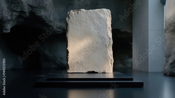 Fototapeta Light beige stone block on dark pedestal