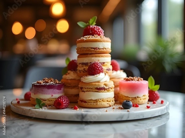 Fototapeta Stacked Dessert Layers on Marble Slab: Stacked layers of elegant desserts placed beautifully on a marble slab, surrounded by a warm, romantic bokeh background enhancing colors and textures.