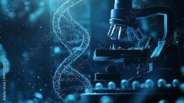 Fototapeta Futuristic Laboratory with Microscope and Digital DNA Strand