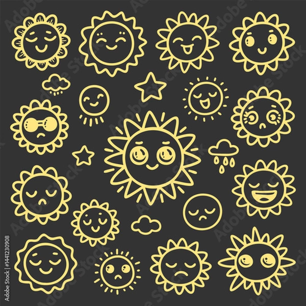 Fototapeta Creative collection of sun doodles in kawaii style on black background