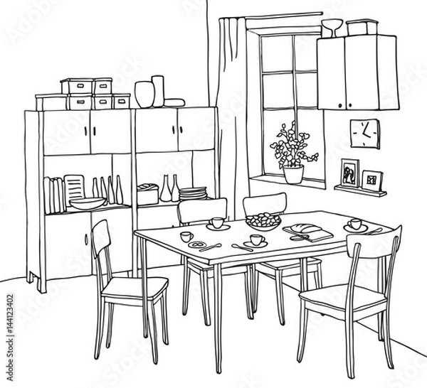 Obraz Interior hand-drawn sketch. Kitchen with a table, tableware, four chairs, window, cupboard.