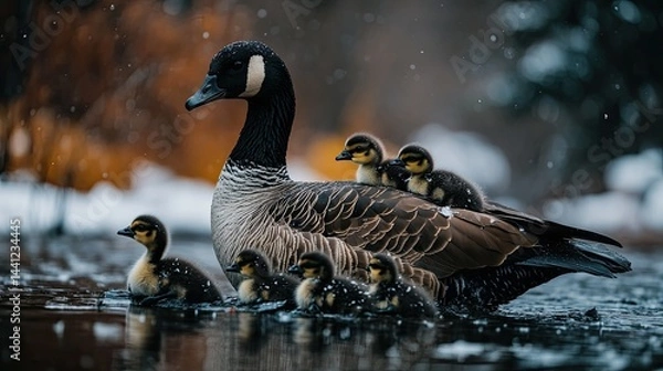 Obraz Canada Goose Family, Representing Unity and Nature's Beauty Industrial Machine and Factory Robot Arm Holding Network Cable Plug, Smart Factory Industry 4.0 Concept 