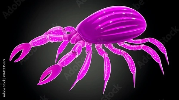 Fototapeta Vibrant purple insect with segmented body and claws, detailed 3D render on dark background