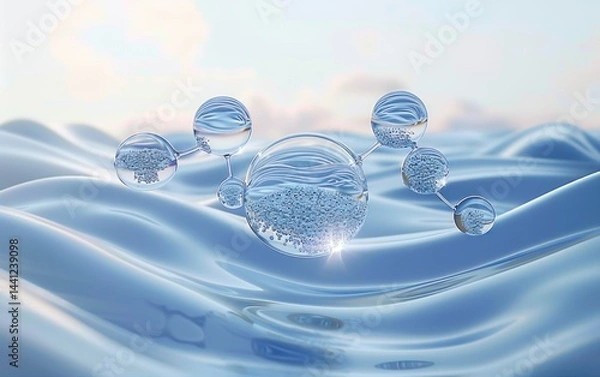 Fototapeta Transparent glass-like molecule model with connected spheres floating above smooth flowing blue waves under soft light