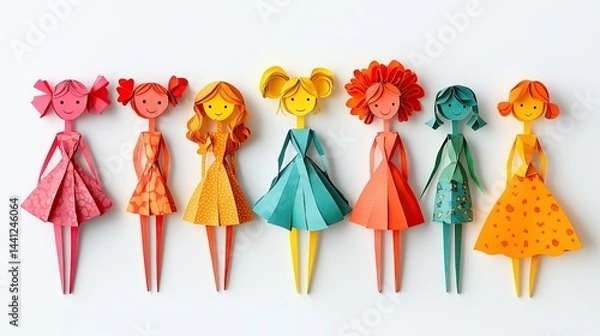 Obraz Colorful Paper Cutout Figures of Girls on White Background, Representing Playful and Whimsical Designs.  