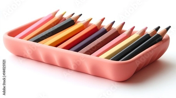 Obraz Colorful Pencil Set Neatly Arranged in a Coral Pink Holder on a White Background, Representing Organization and Creativity.  