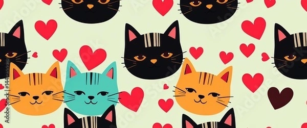 Fototapeta Seamless retro cartoon cool cat pattern with heart symbols, wallpaper, pattern