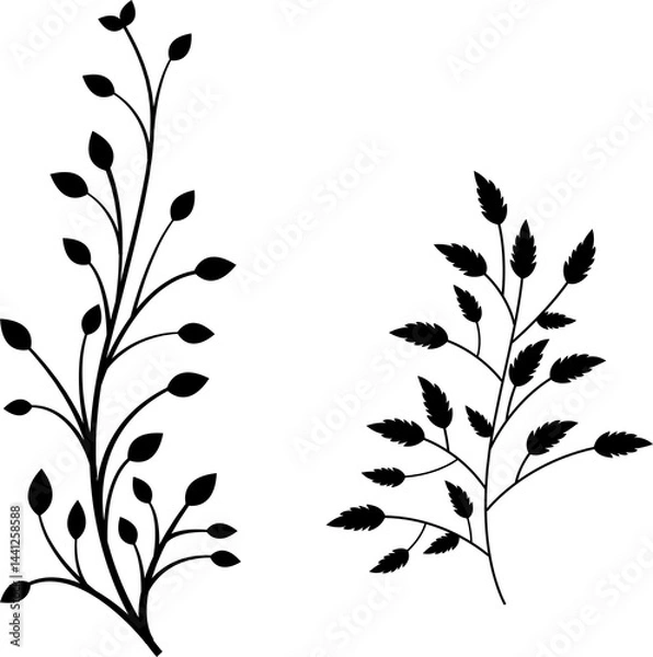 Obraz Set collection vector illustration of silhouette black and white bush, tree, flower, leaf, branch clip art