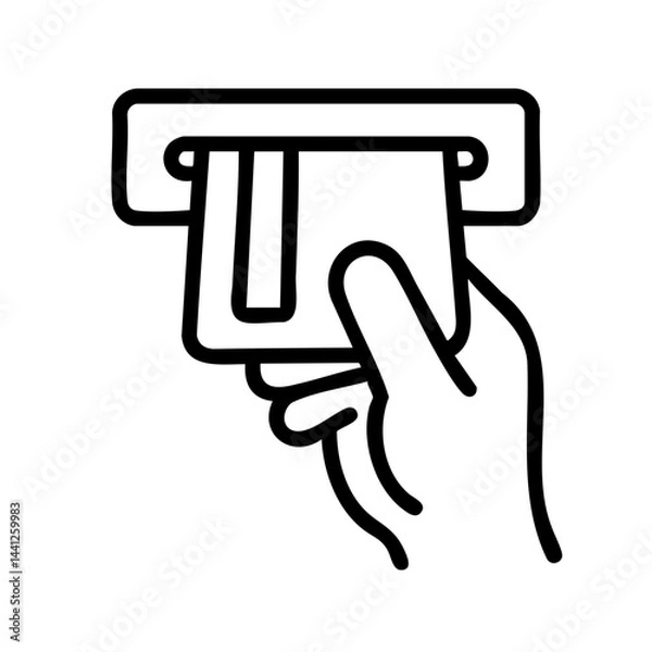 Fototapeta Minimal line icon showing a hand inserting a credit or debit card into an ATM machine for banking, payment, or withdrawal.