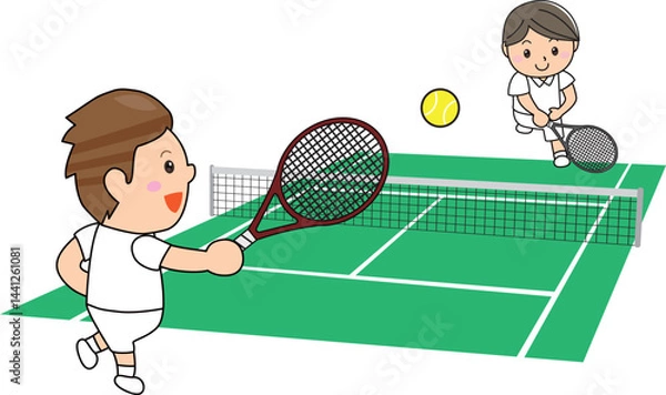 Fototapeta 白いウェアでプレイする若者たちのテニスイラスト　Young Players Playing Tennis in White Uniforms on Green Court