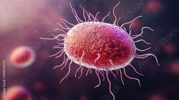 Obraz Symptoms of outbreak of listeria Infection as a foodborne bacterial illness is a medical concept that represents microscopic pathogenic infections and harmful bacteria that cause illness. 