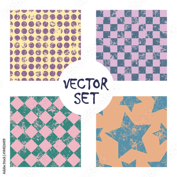 Fototapeta Set of vector seamless patterns Creative geometric backgrounds with squares,stars,circles, dots. Texture with attrition, cracks and ambrosia. Old style vintage design. Graphic illustration.
