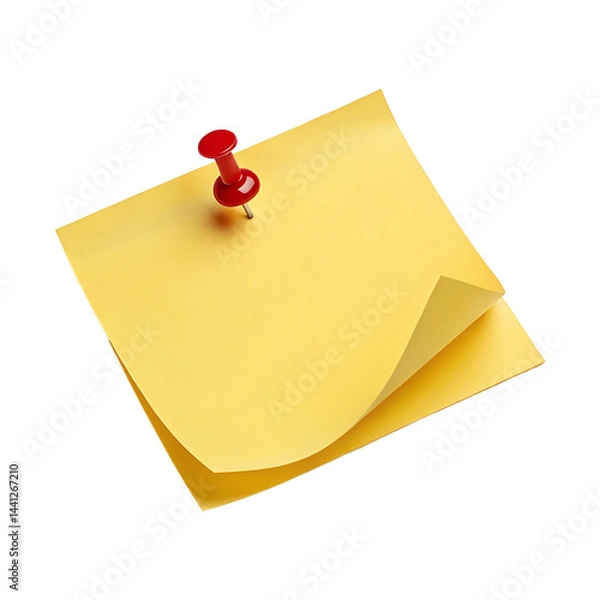 Fototapeta A blank yellow sticky post note with a red pushpin sticks to a board as a reminder memo
