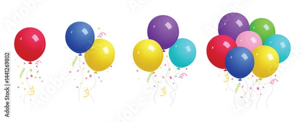 Fototapeta Birthday colorful balloons clipart set. Bunch of floating balloon elements clip art for birth day party inflatable decoration graphic collection vector illustration. 
