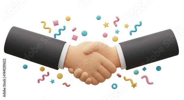 Obraz A stylized handshake with confetti falling around it against a black background in a render style fuzzy texture  soft texture  blurry edges  fluffy look  pastel effect  soft focus  hazy style