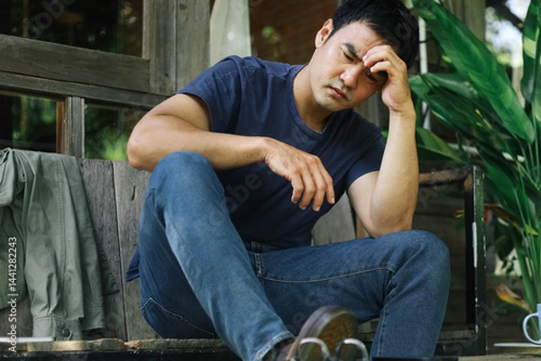 Fototapeta domestic,sad serious illness man.depressed emotion panic attacks alone sick people fear stressful crying.stop abusing violence,help person with health anxiety,thinking bad frustrated exhausted