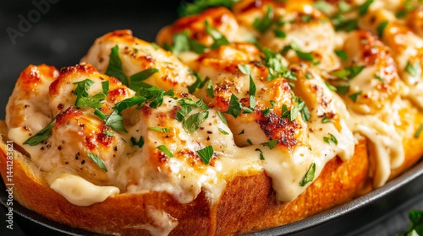 Fototapeta Creamy Garlic Shrimp Scampi Bake: A delectable dish of succulent shrimp baked in a creamy garlic scampi sauce, served on toasted bread.