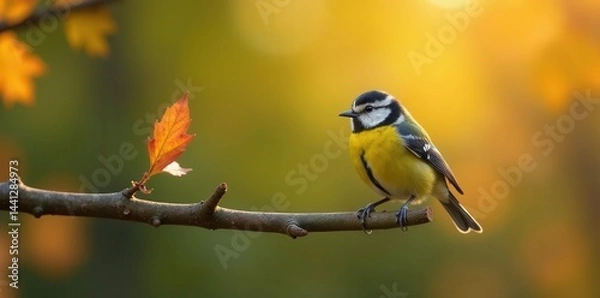Fototapeta Tiny tit perched on golden oak branch, sunny autumn park , image, fauna