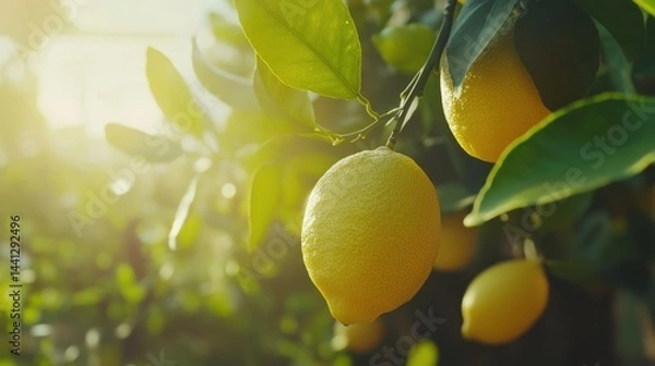 Fototapeta A stunning image of fresh, ripe lemons grow on tree branch in sunny garden. Yellow citrus fruit with green leaves, close-up shot. Healthy, organic food for vitamin drinks.